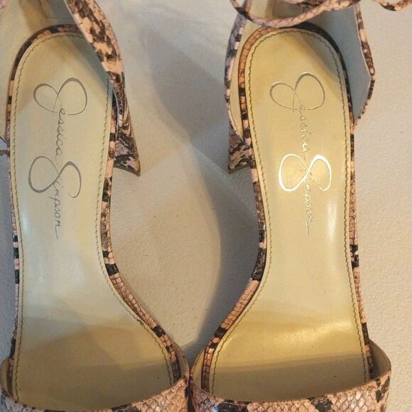Jessica Simpson Chunky High Heels Sz 9.5M Pink Snakeskin Open Toe Ankle Tie Wild - Picture 3 of 12